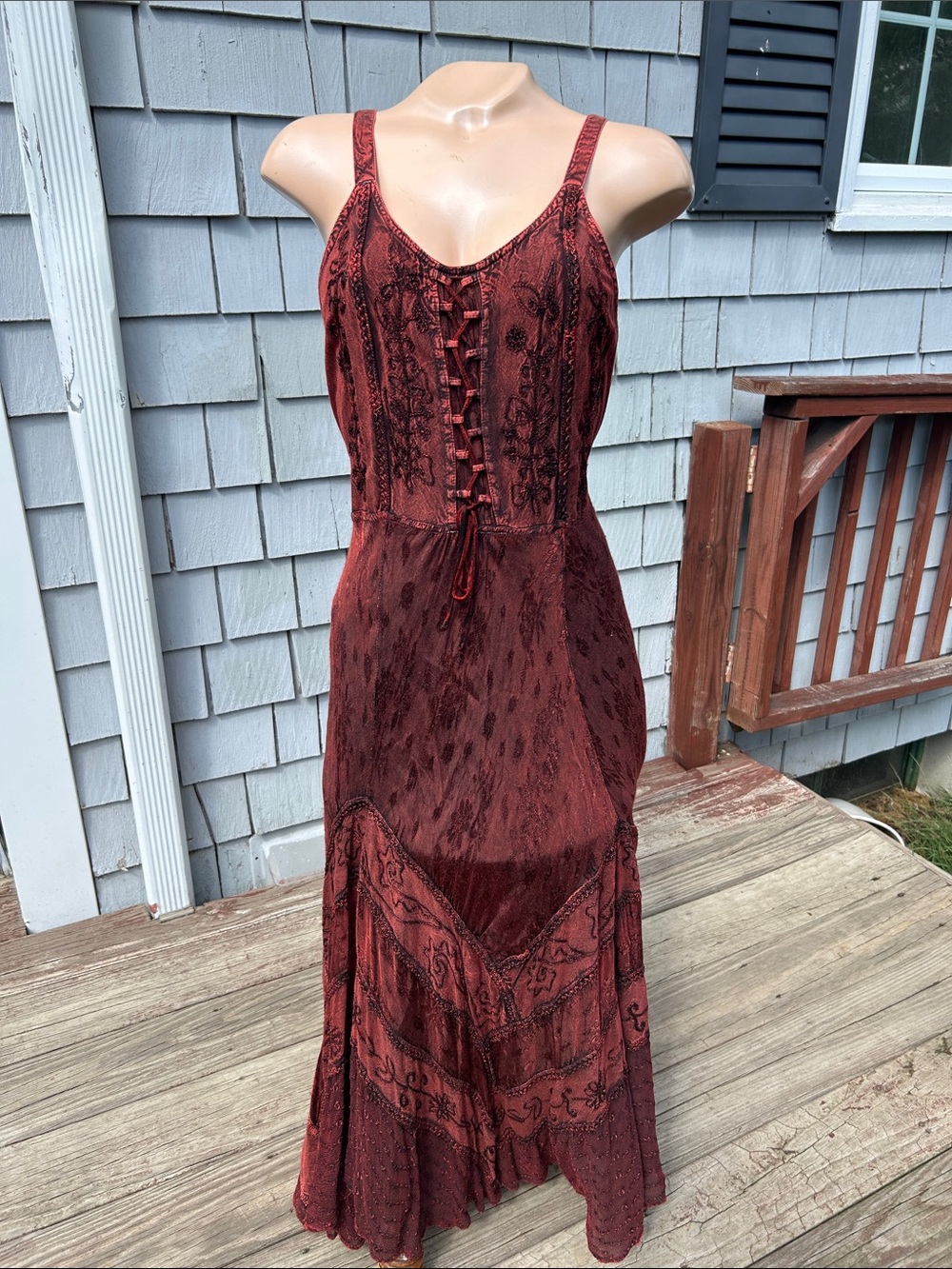 Lace-Up Rust Red Maxi Dress with Embroidered Detail- gothic- dark romance- large